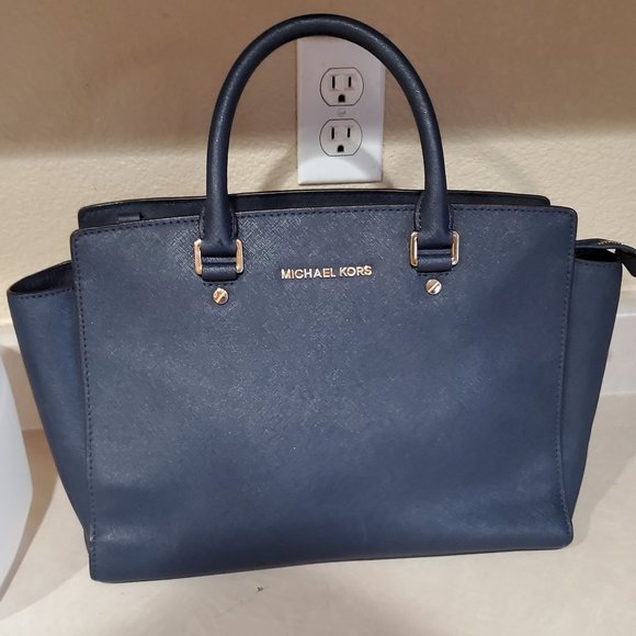 Michael Kors Navy Blue Leather Tote Bag Purse - Picture 2 of 12